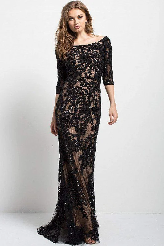 Formal Dress for Church WeddingsJovani - Lace Quarter Length Sleeve Bateau Gown 49636  - 1 pc Black/Nude In Size 24 Available