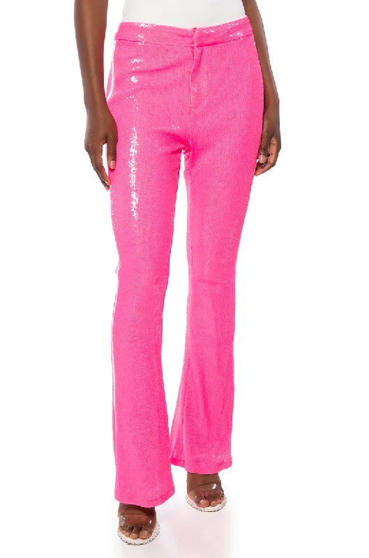 women's designer pantsGET DOWN ON IT SEQUIN FLARE TROUSER IN PINK