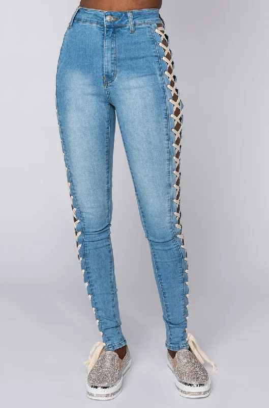 women's wedding pantsROCK THE RUNWAY LACE UP SKINNY JEANS