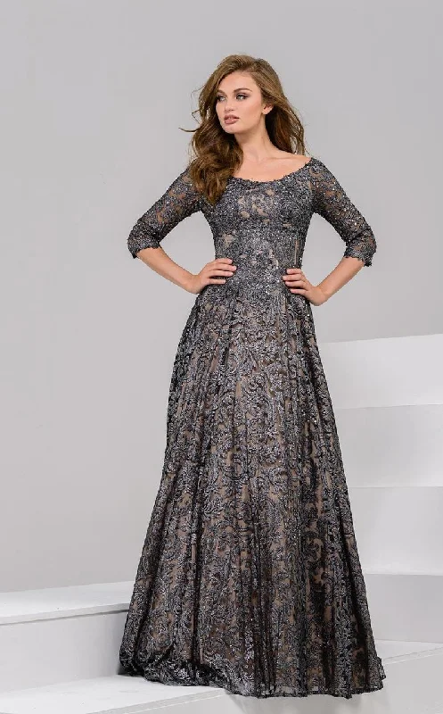 Formal Dress for Vintage ThemesJovani Scoop Quarter Length Sleeves A Line Gown 37938 - 1 pc Grey In Size 12 Available