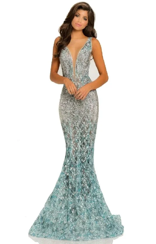 Formal Dress for Day WeddingsJohnathan Kayne Deep V-Neck Ornate Lace Mermaid Gown 8031