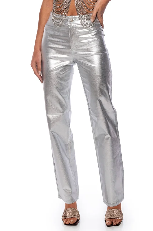 women's elegant pantsBORN TO SHINE METALLIC STRAIGHT LEG PANTS IN SILVER