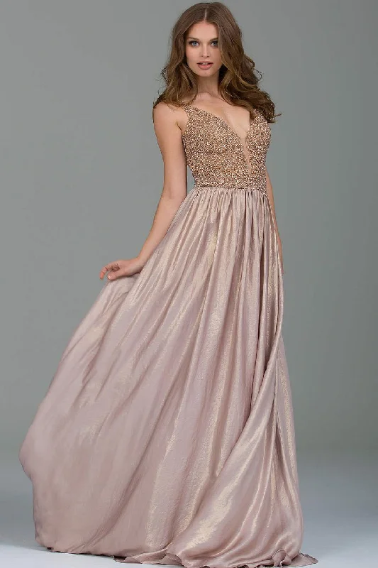 Formal Dress for Historical ReenactmentsJovani Jewel-Crusted Plunging V-Neck A-Line Gown 42610 - 1 pc Blush In Size 18 Available