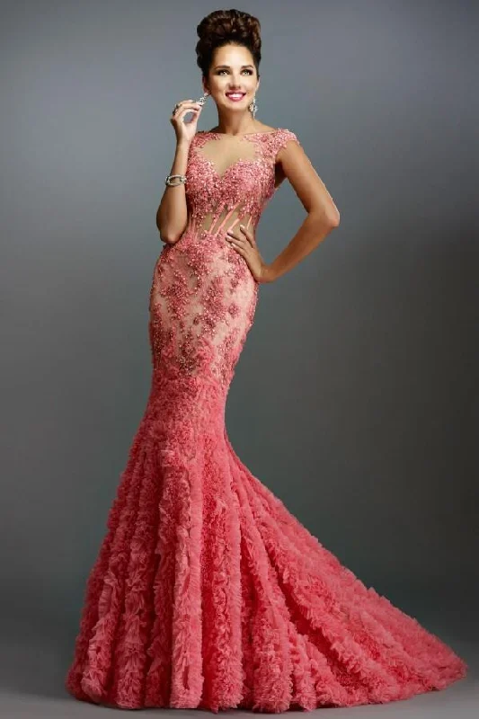 Formal Dress for Winter WeddingsJanique - Lace and Tulle Floral Applique Mermaid Gown 1514