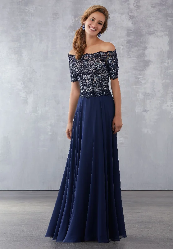 Formal Dress for Golden GlobesMGNY By Mori Lee - Embellished Lace Off-Shoulder Chiffon Gown 71710