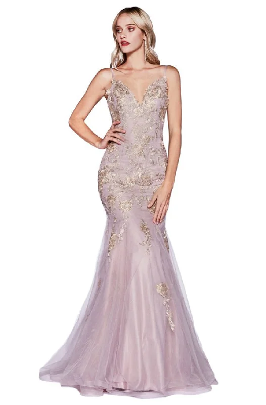 Formal Dress for Business EventsCinderella Divine - CDS321SC Gold Lace Applique Fitted Mermaid Gown