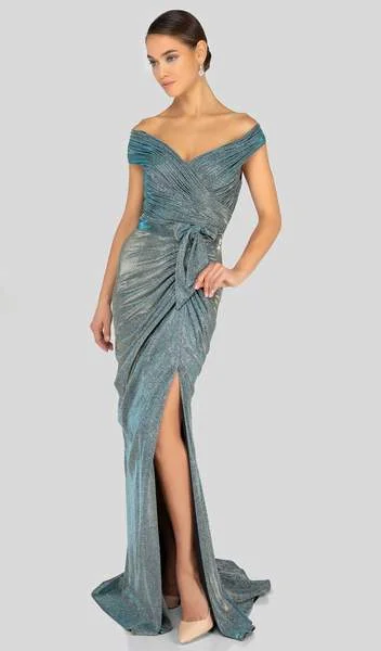 Formal Dress Trends 2023Terani Couture - Off Shoulder Shirred Metallic Gown 1911M9344  - 1 Pc. Gunmetal Silver in size 12 Available