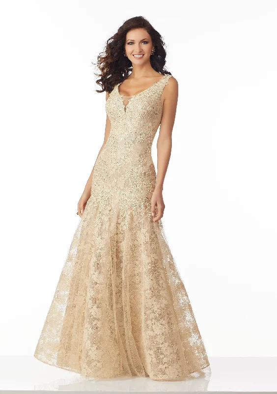 Formal Dress for Museum GalasMGNY By Mori Lee - Sleeveless V-Neck Allover Lace Trumpet Gown 71827