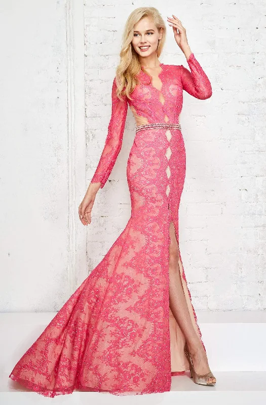 Formal Dress for Beach WeddingsAngela & Alison Long Sleeve Illusion Lace High Slit Gown - 1 pc Fuchsia in Size 2 Available