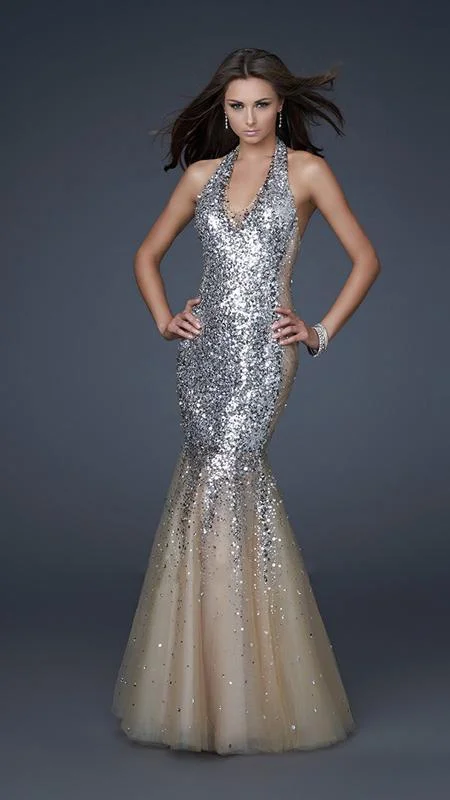 Formal Dress Rental ServicesLa Femme Plunging Halter Style Sequined Gown 16804 - 1 Pc Silver/Nude in Size 6 Available