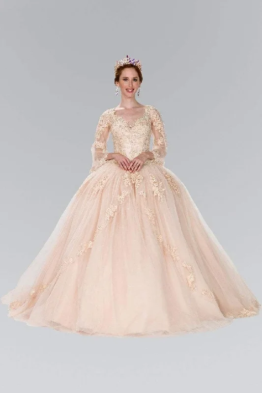 Formal Dress for Theater OpeningsElizabeth K Bridal Floral Lace Illusion V-Neck Ballgown GL2377