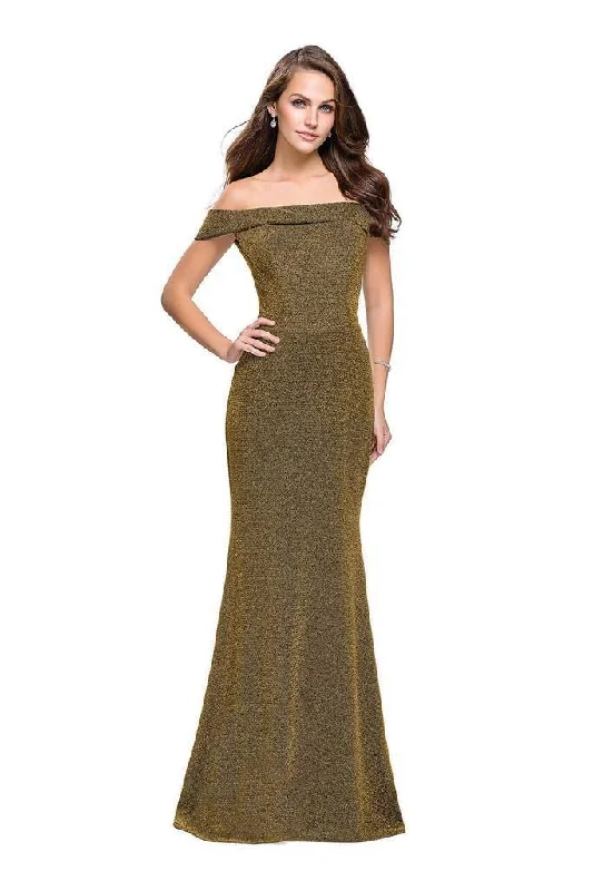 Formal Dress for Church WeddingsLa Femme Off Shoulder Folded Sparkle Jersey Gown 25444