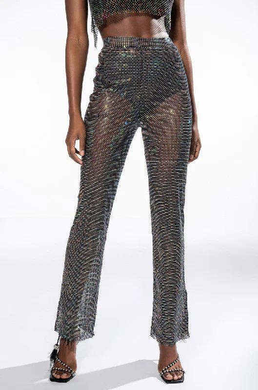 women's sustainable pantsDAZZLE RHINESTONE MESH WIDE LEG PANT