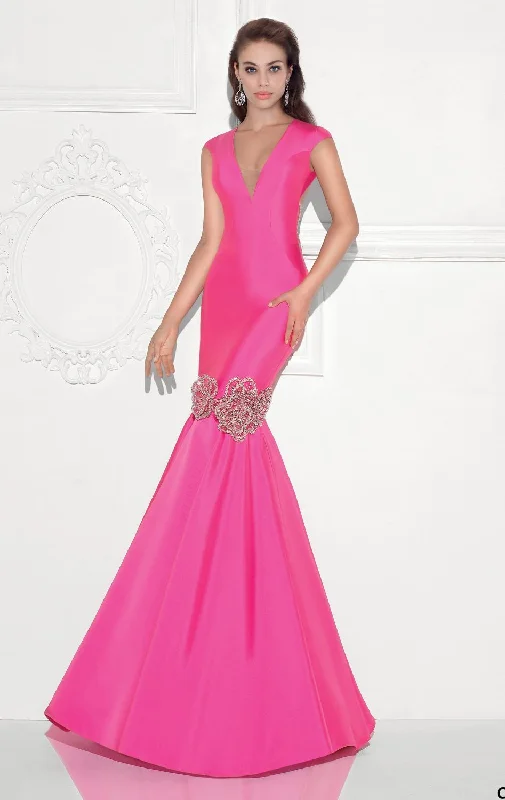 Formal Dress for Formal Day EventsTarik Ediz Cap Sleeved Deep V-Neck Mermaid Gown 92729 - 1 pc Fuchsia in Size 8 Available