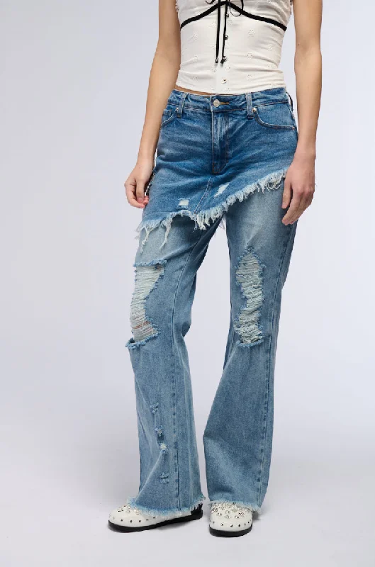 women's chiffon pantsDISTRESSED SKIRT STRAIGHT LEG DENIM JEANS