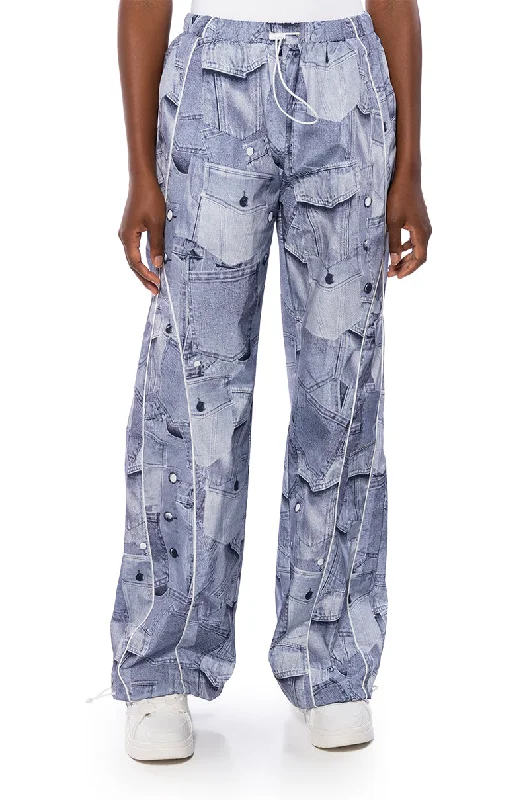 women's velvet pantsLOOK AGAIN DENIM GRAPHIC PARACHUTE PANT