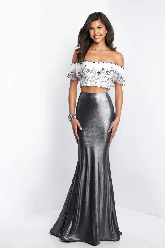 Formal Dress for Cultural FestivalsBlush  - 11558 Two-Piece Ruffled Off-Shoulder Metallic Shimmer Mermaid Gown - 1 pc Off White/Gunmetal In Size 6 Available