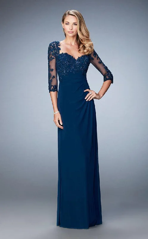 Formal Dress for GraduationsLa Femme Illusion Lace Quarter Sleeve Draped Gown 21750SC - 1 Pc Gunmetal in Size 8 Available