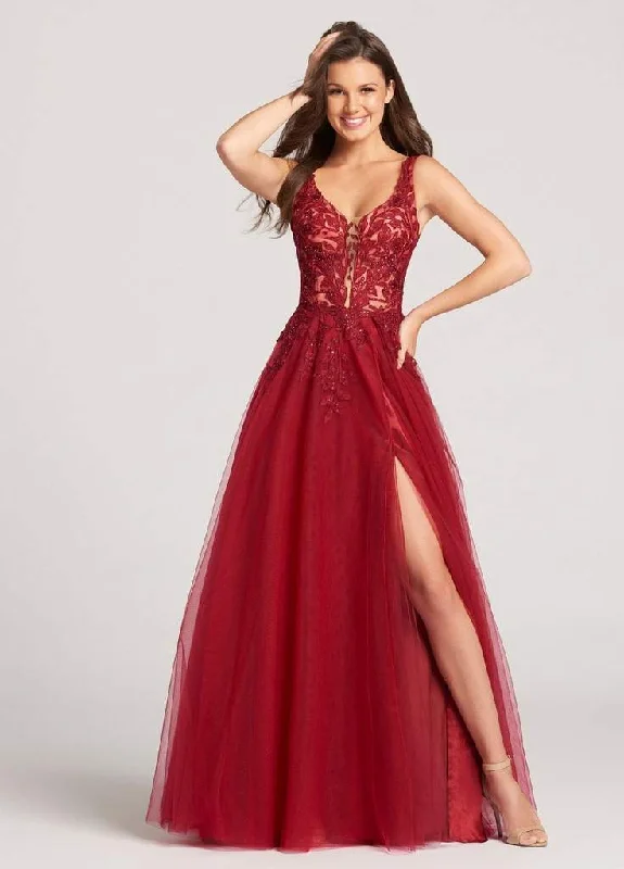 Formal Dress for Cocktail PartiesEllie Wilde Plunging V-Neck High Slit Tulle Gown EW118139