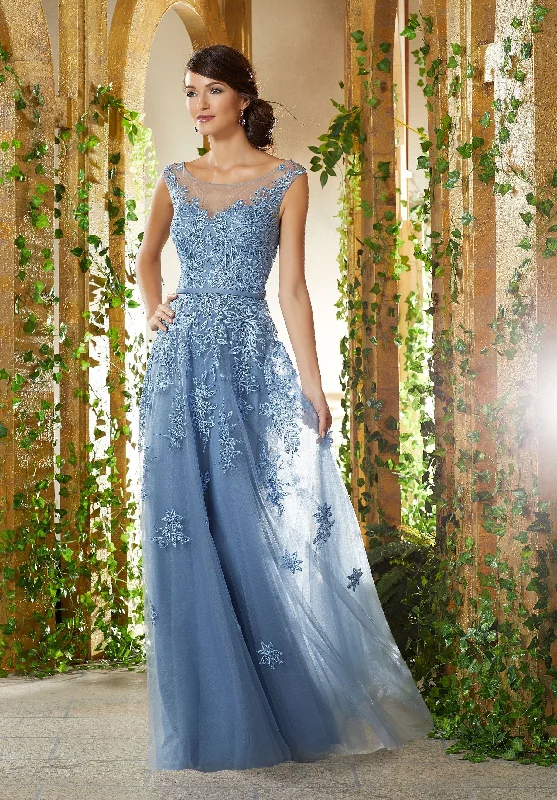 Formal Dress for Beach ThemesMGNY By Mori Lee - Illusion Neckline Appliqued Mesh Gown 71922