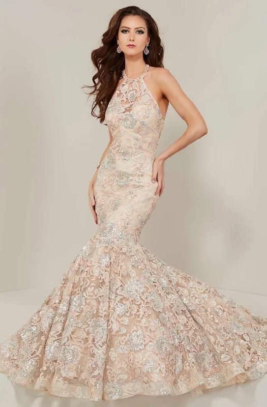 Formal Dress for Bat MitzvahsTiffany Designs -16366SC Beaded Halter Floral Sequin Mermaid Gown