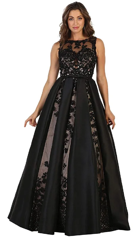 Formal Dress for Holiday PartiesMay Queen Sleeveless Mesh Satin Gown with Embroidery RQ7516