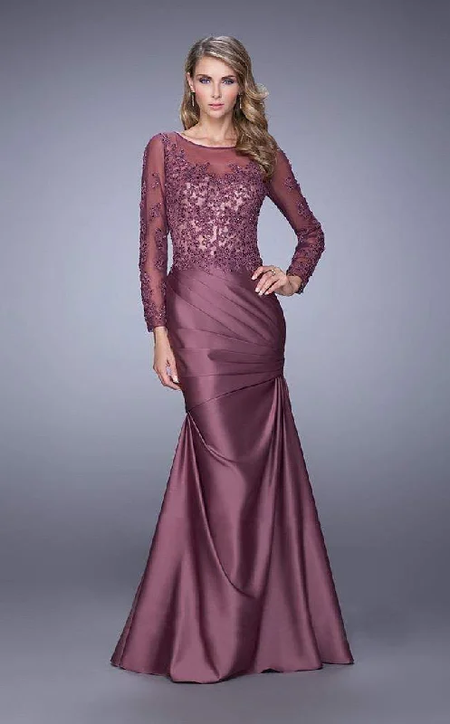 Formal Dress for Bat MitzvahsLa Femme Appliqued Long Sleeve Pleated Trumpet Gown 21708 - 1 pc Pewter in Size 14 and 1 pc Navy In Size 18 Available