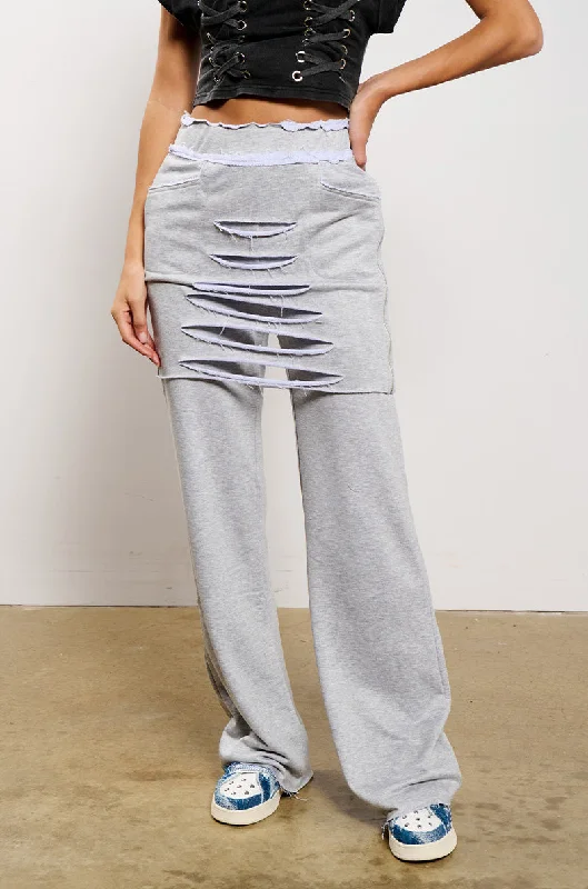 women's patterned pantsRAIN LAYERED SHREDDED SKIRT OVERLAY SWEATPANT