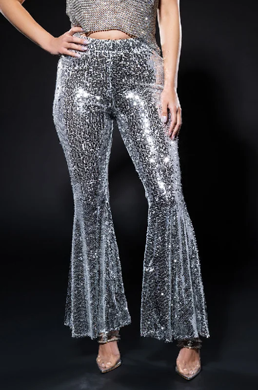 women's summer pantsBRIGHTNESS SEQUIN FLARE PANT IN SILVER