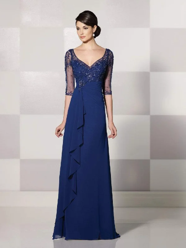 Formal Dress for Outdoor WeddingsCameron Blake by Mon Cheri - Beaded Quarter Sleeve Cascade Gown 214689