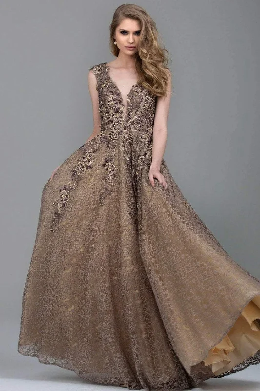 Formal Dress for Awards CeremoniesJovani Cap Sleeve Plunging Floral Appliqued Gown 55877A