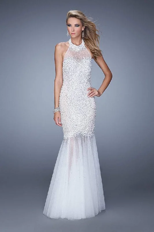 Formal Dress for Cultural FestivalsLa Femme Gigi Bead Embellished Illusion Halter Mermaid Gown 21363