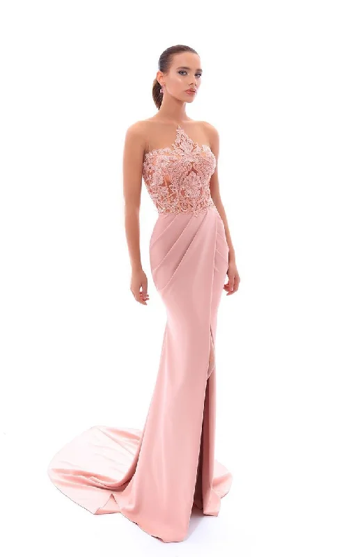 Formal Dress for Runway ShowsTarik Ediz Illusion Beaded Floral Lace High Slit Gown 93408