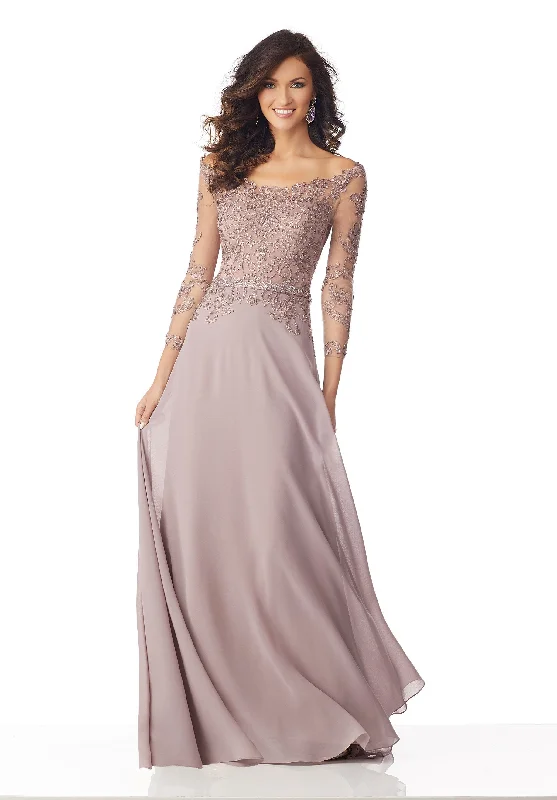 Formal Dress for Winter Formal EventsMGNY By Mori Lee - Beaded Illusion Sleeve Chiffon A-Line Gown 71806