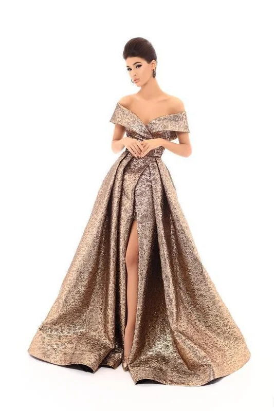 Formal Dress for Cultural ParadesTarik Ediz - Off-Shoulder Jacquard Sheath Gown With Overskirt 93621 - 1 pc Gold In Size 14 Available