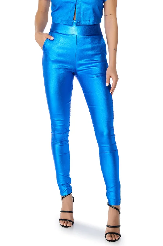 women's warm pantsAMMO X AKIRA BIG BOOTY HIGH WAIST FAUX LEATHER PANT IN BLUE