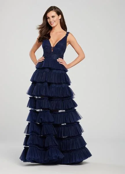 Formal Dress for Beach WeddingsEllie Wilde - Beaded Lace V-neck Tiered Ruched Tulle Gown EW119076