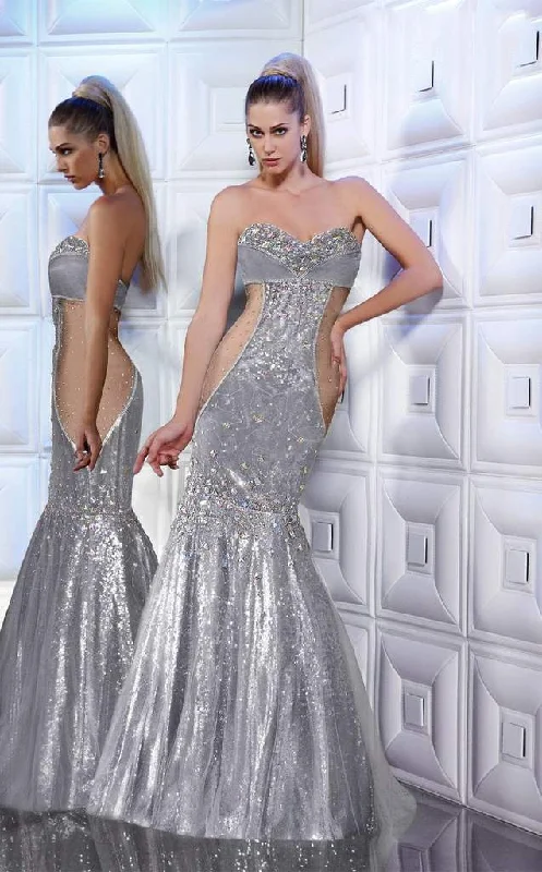 Formal Dress for Literary AwardsMNM Couture Ornate Illusion Paneled Gown 8181 - 1 pc Silver in Size 6 Available