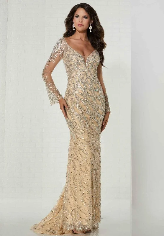 Formal Dress for Beach WeddingsTiffany Designs - Jeweled Long Sleeve Plunging Sheath Gown 46140