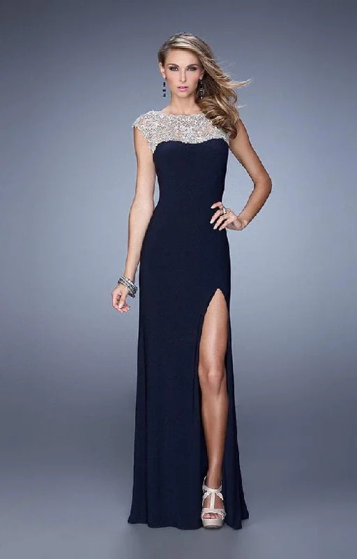 Formal Dress for Tennis TournamentsLa Femme - Metallic Embroidered Sheath Gown with Slit 21467 - 1 pc Navy In Size 8 Available