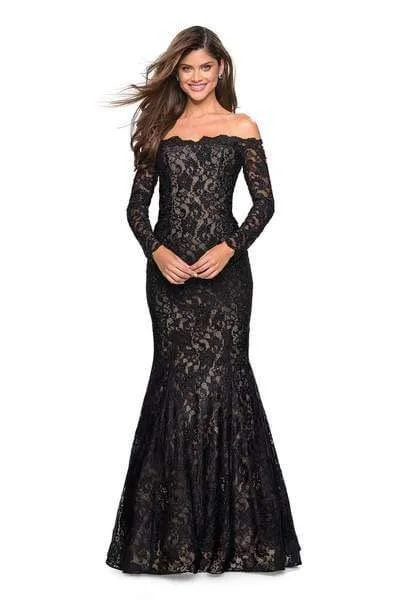 Formal Dress for Religious CeremoniesLa Femme - Long Sleeve Off Shoulder Lace Trumpet Gown 26393 - 1 pc Black In Size 8 Available