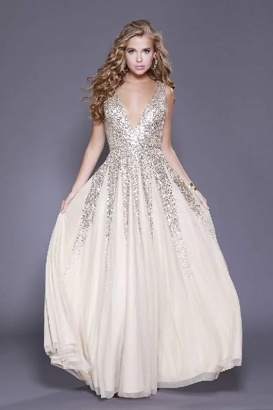 Formal Dress for Talent ShowsShail K Plunging V-Neck Sequined Tulle Gown 12134 - 1 pc Gold In Size 4 Available