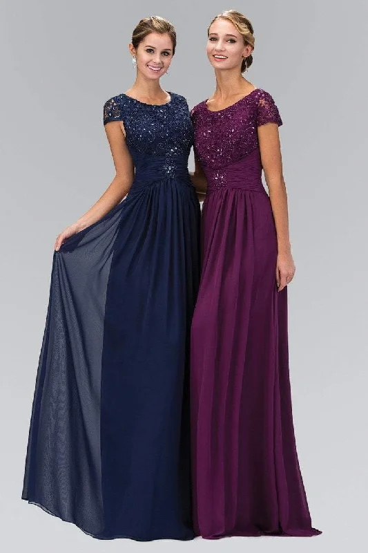 Formal Dress for Formal DinnersElizabeth K Cap Sleeve Beaded Lace Bodice Chiffon Gown - 1 pc Eggplant In Size XL Available