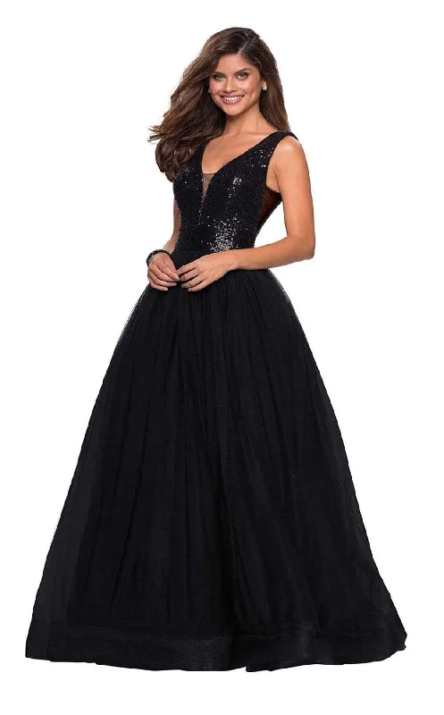 Formal Dress for Formal DinnersLa Femme - Sequined Deep V-neck Tulle Ballgown 27336SC - 1 pc Black In Size 16 Available