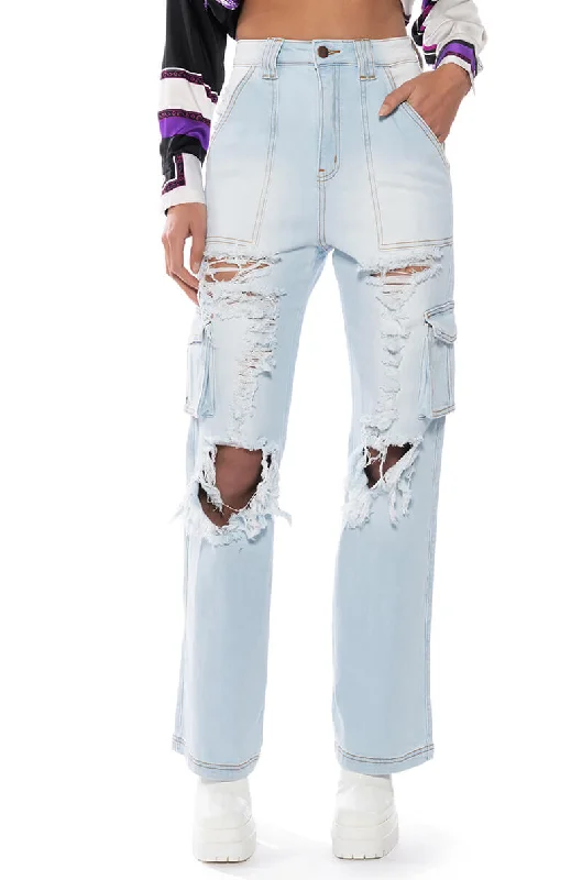 women's spring pantsBE REAL DISTRESSED CARGO HIGH RISE JEANS