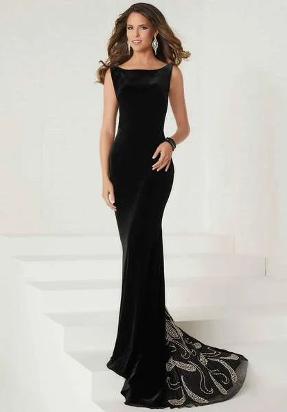 Formal Dress for Sports AwardsTiffany Designs - Bateau Neck Paisley Ornate Velvet Gown 16278 - 1 pc Black In Size 8 Available