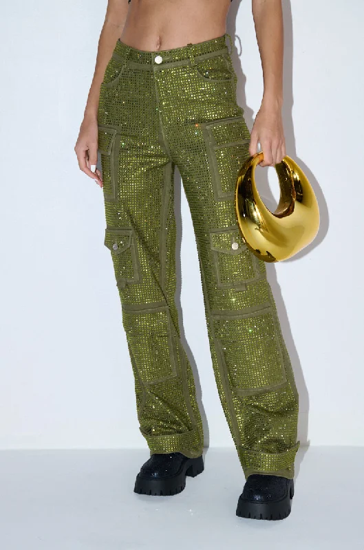 women's short pantsAMMO BONNE SOIREE RHINESTONE CARGO PANTS IN OLIVE