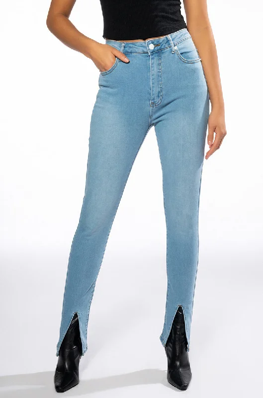 women's silk pantsNIGHTFALL MID RISE SKINNY JEANS WITH FRONT SLIT