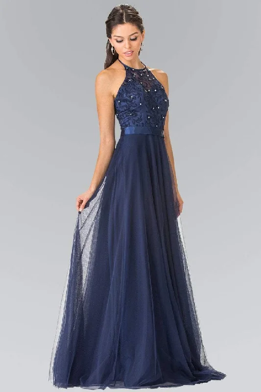 Formal Dress for ConcertsElizabeth K Embroidered Lace Halter Long Gown - 1 pc Navy In Size M Available