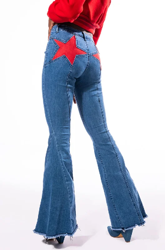 women's sweatpantsTAKE ME AWAY STAR PATCH DETAIL HIGH WAISTED FLARED JEAN